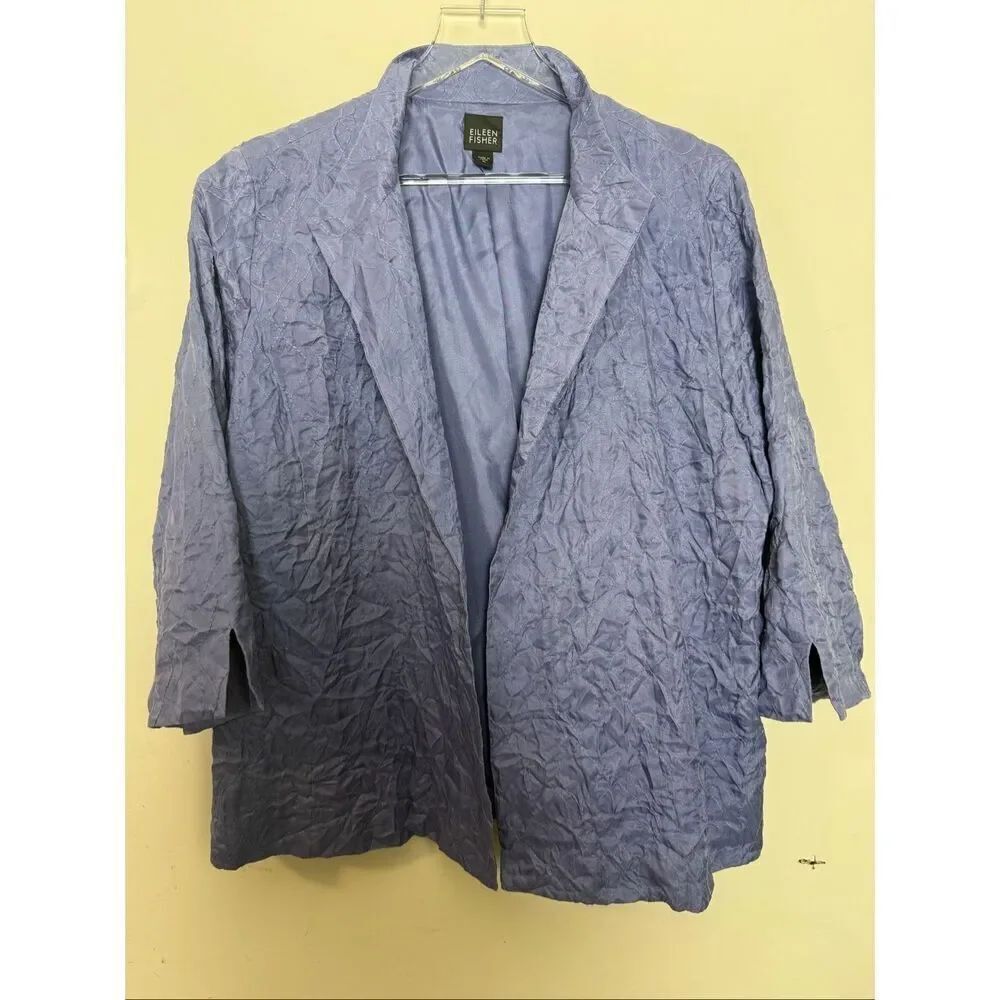 Eileen Fisher Blue Crinkle Texture Open Front Jacket Blazer Size XL